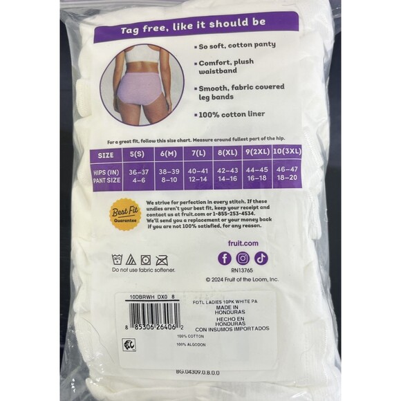 Fruit of the Loom Women's 10 Cotton Briefs White Size 8 / XL NEW - Picture 5 of 5
